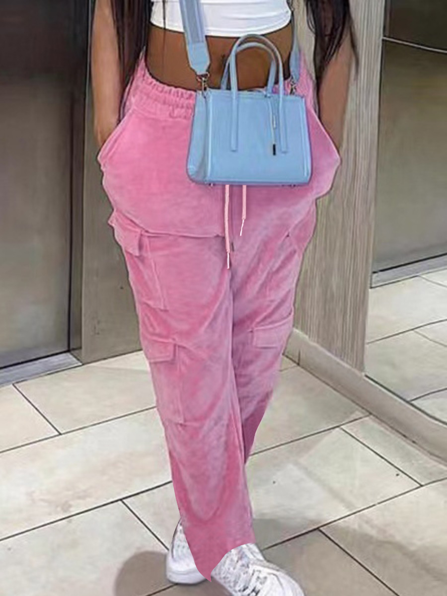 LW Velvet Mid Waist Drawstring Pocket Design Pants
