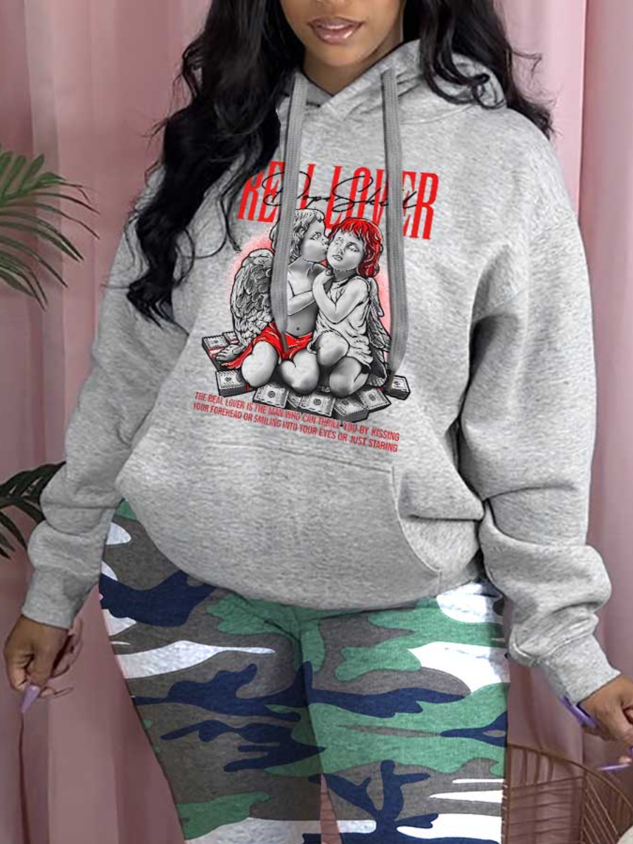 LW Plus Size Figure Letter Print Kangaroo Pocket Hoodie