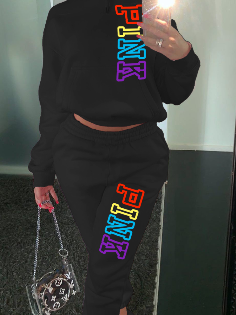 LW Plus Size Fleece Pink Letter Print Tracksuit Set