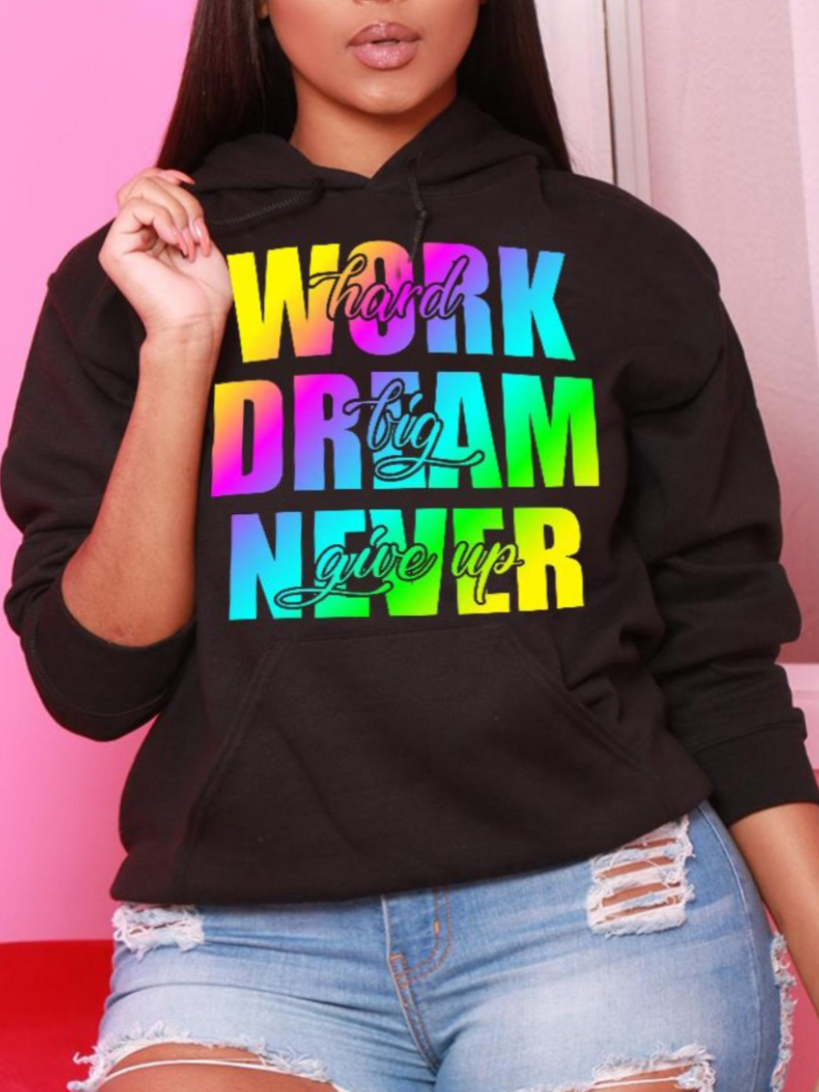 LW Plus Size Letter Print Pocket Design Hoodie