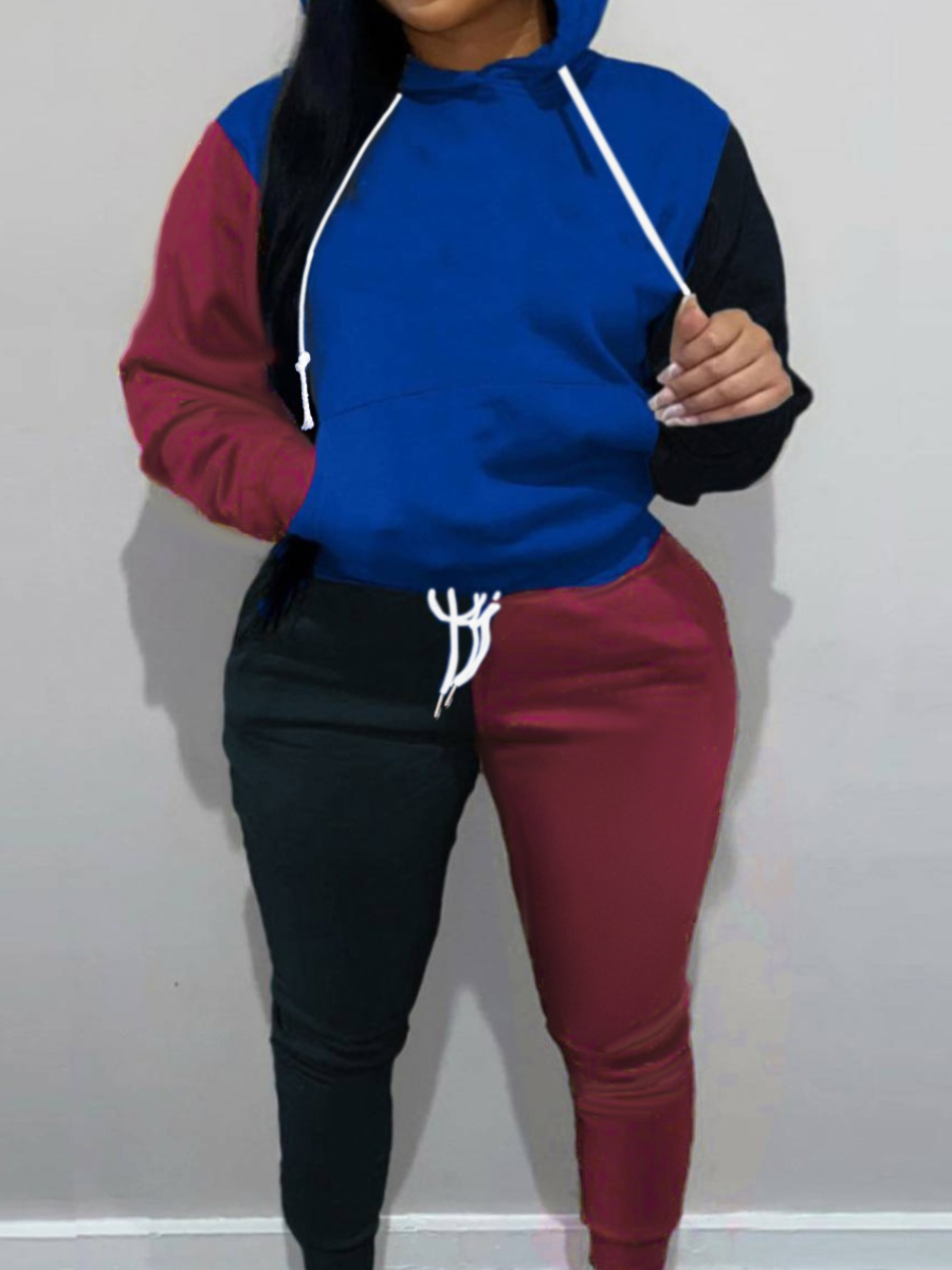 LW Plus Size Kangaroo Pocket Patchwork Tracksuit Set