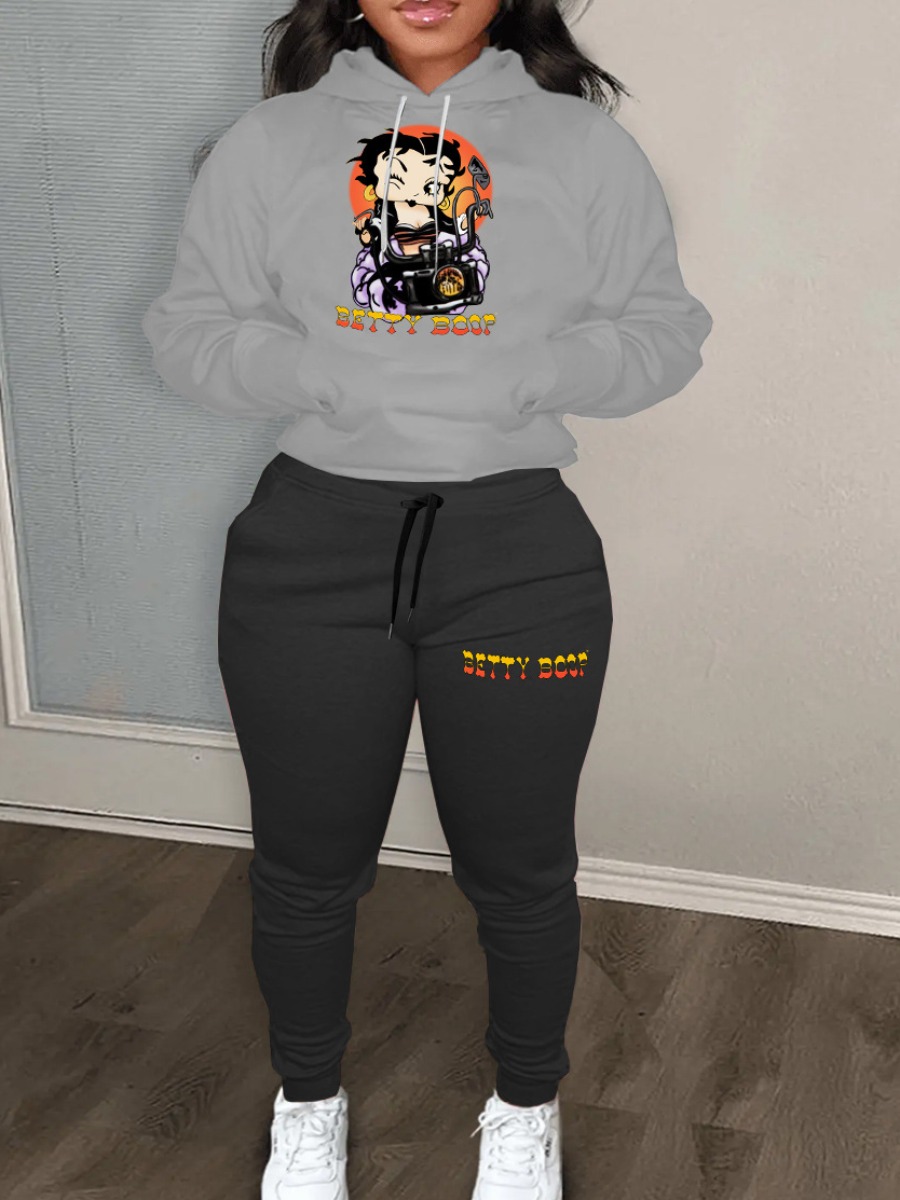 LW Cartoon Letter Print Kangaroo Pocket Tracksuit 