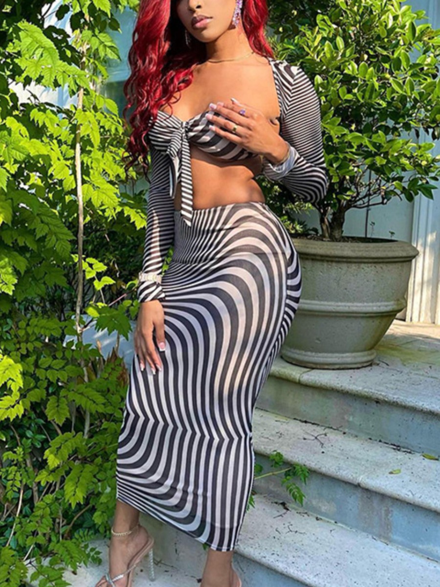 LW Crop Top Zebra Striped Bandage Design Skirt Set