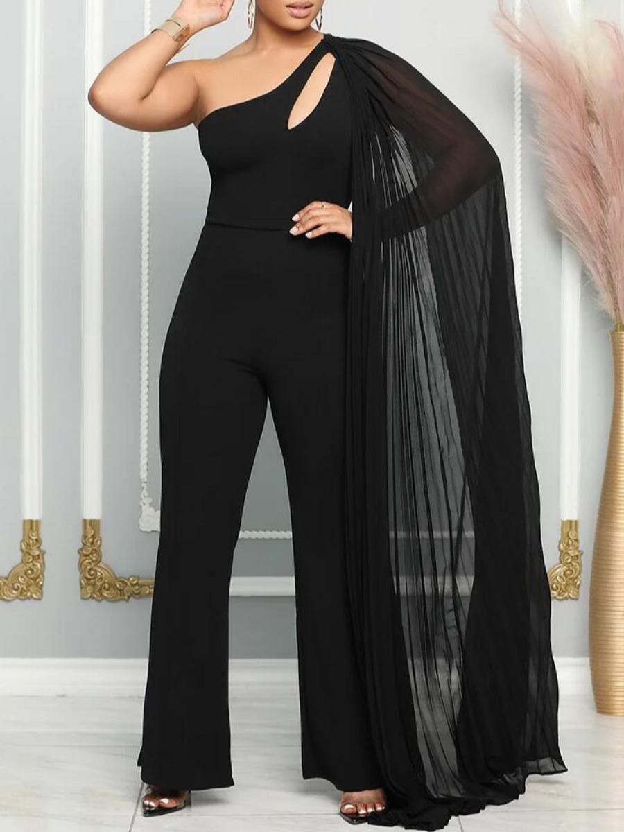 LovelyWholesale Plus Size Backless Pierced Solid Color Regular Jumpsuit Spring|Summer Sleeveless Elegant Backless One Shoulder  Spring Summer 2024