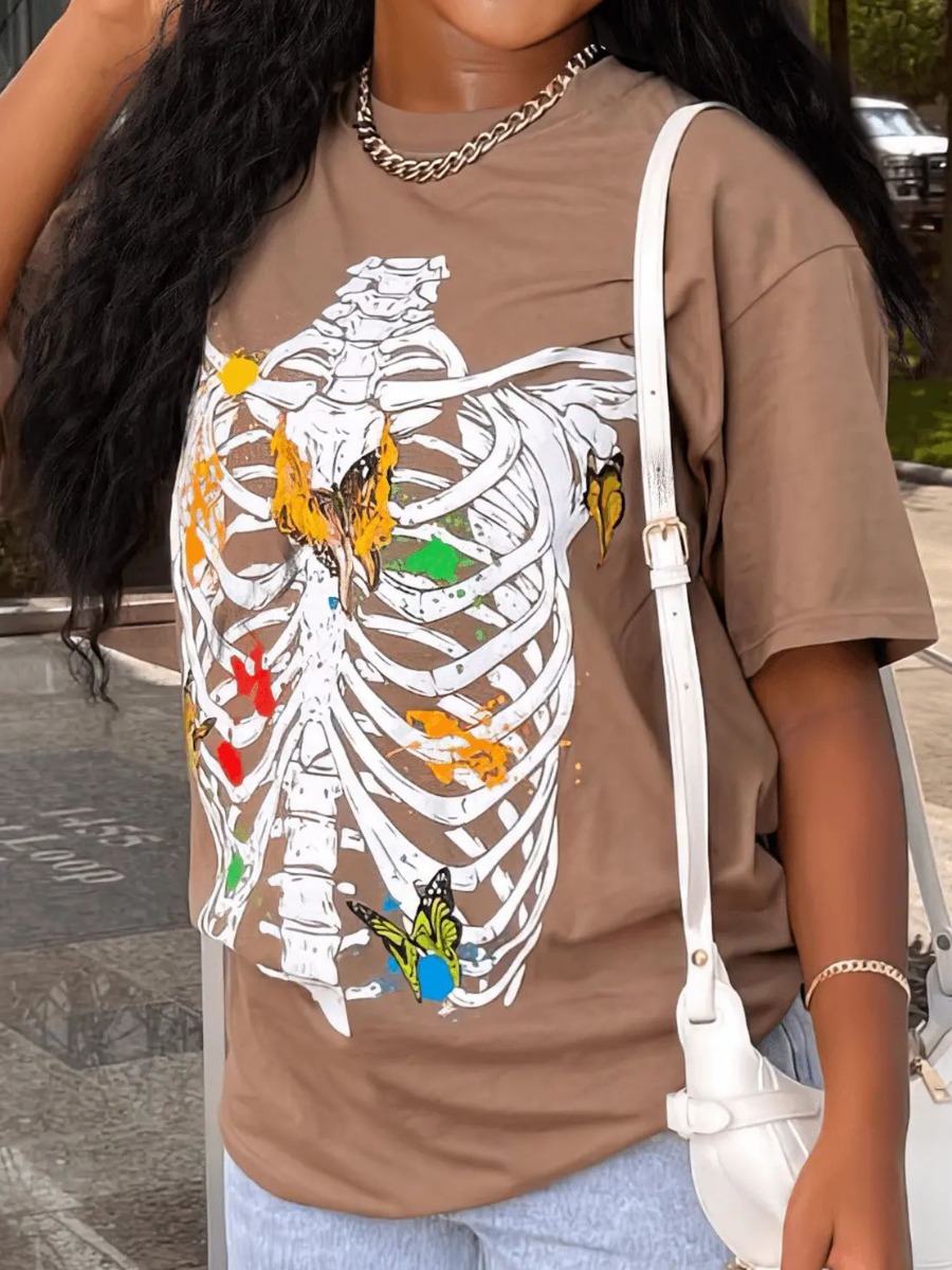 LovelyWholesale Skeleton Butterfly Print T-shirt Summer Short Sleeve Casual Pattern Round Neck Spring Summer 2024