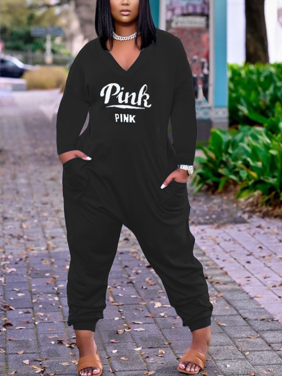LW Plus Size Pink Letter Print Pocket Design Jumps