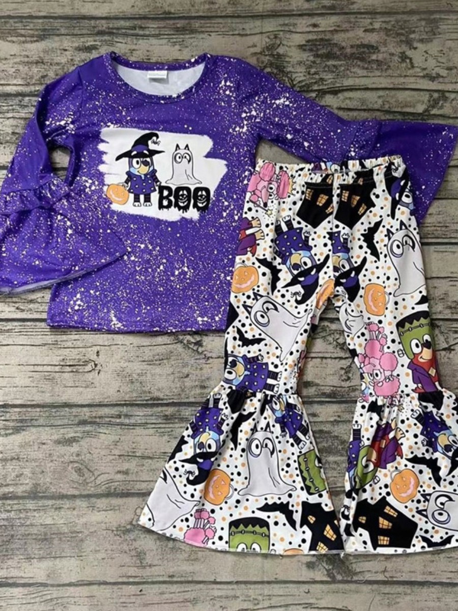LW COTTON Girl Cartoon Letter Print Flared Pants Set