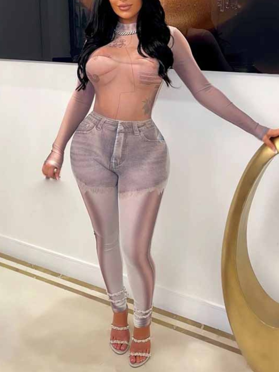 LovelyWholesale SXY Imitation Denim See Through Skinny Jumpsuit Fall Long Sleeve Sxy Pattern Round Neck Spring Summer 2024