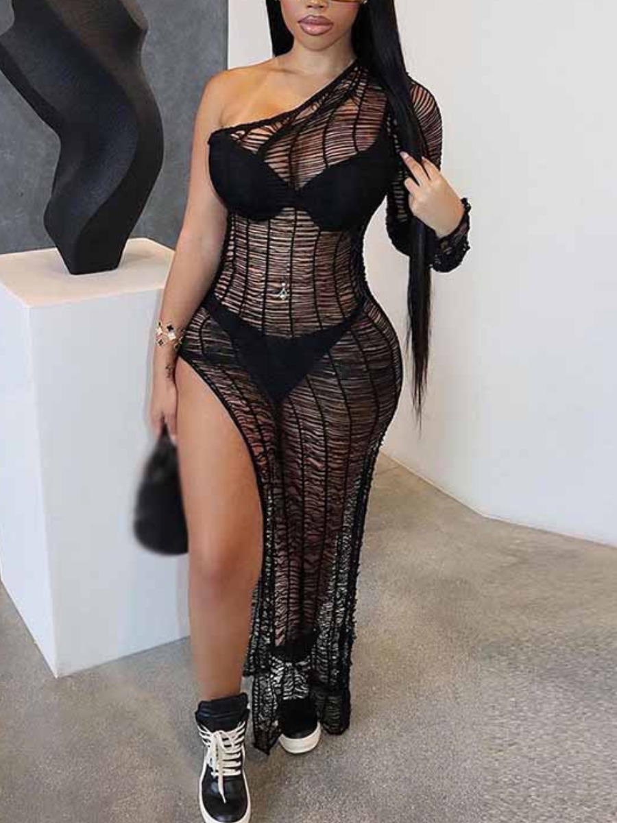 LW SXY One Shoulder See Through Pierced Thigh Slit