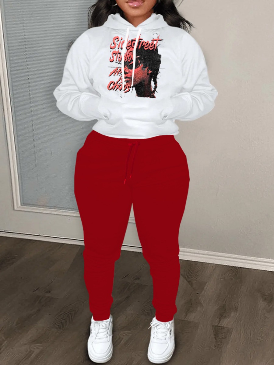 LW Figure Letter Print Kangaroo Pocket Tracksuit Set