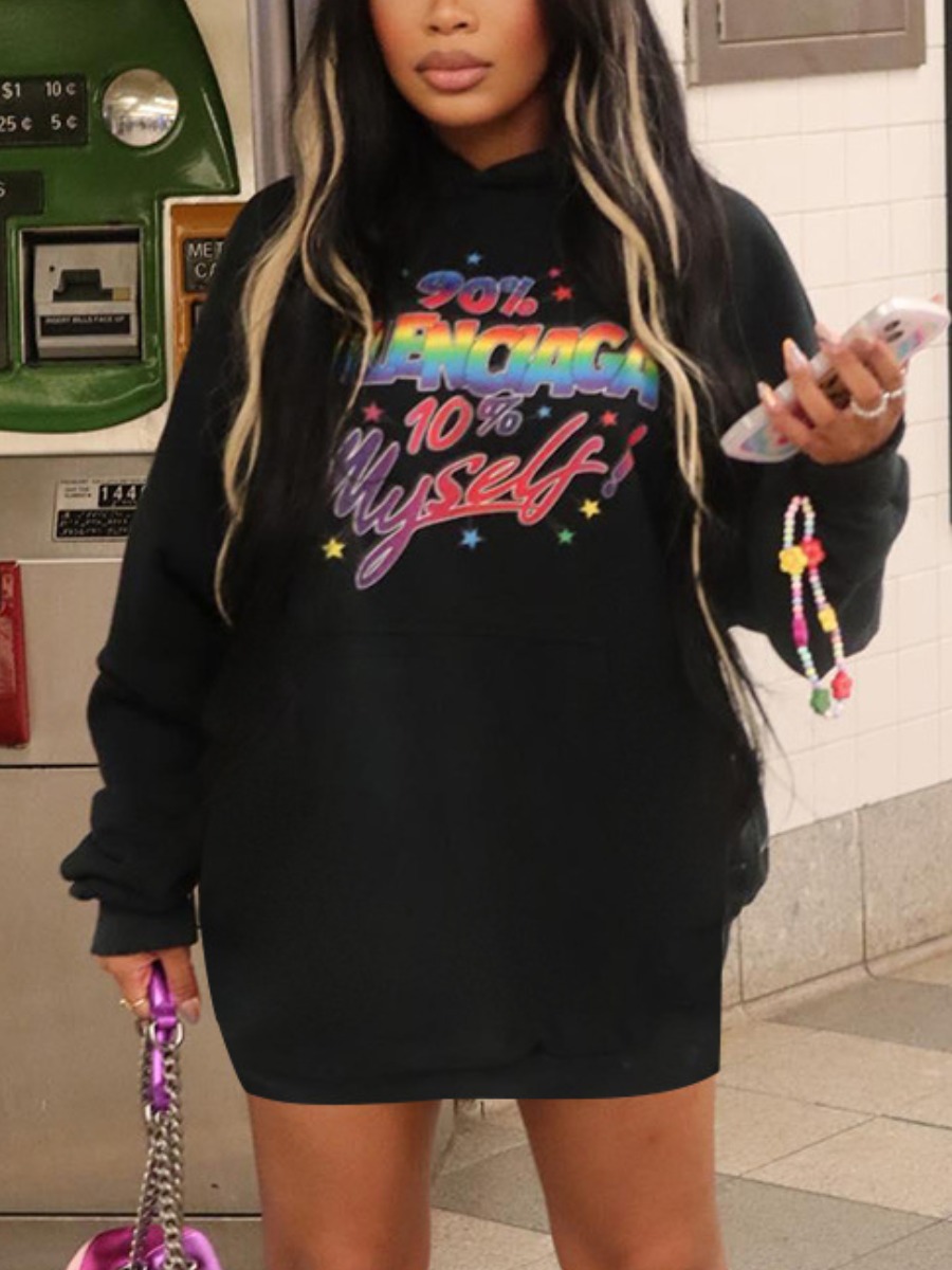 LW Plus Size Gradient Letter Print Kangaroo Pocket