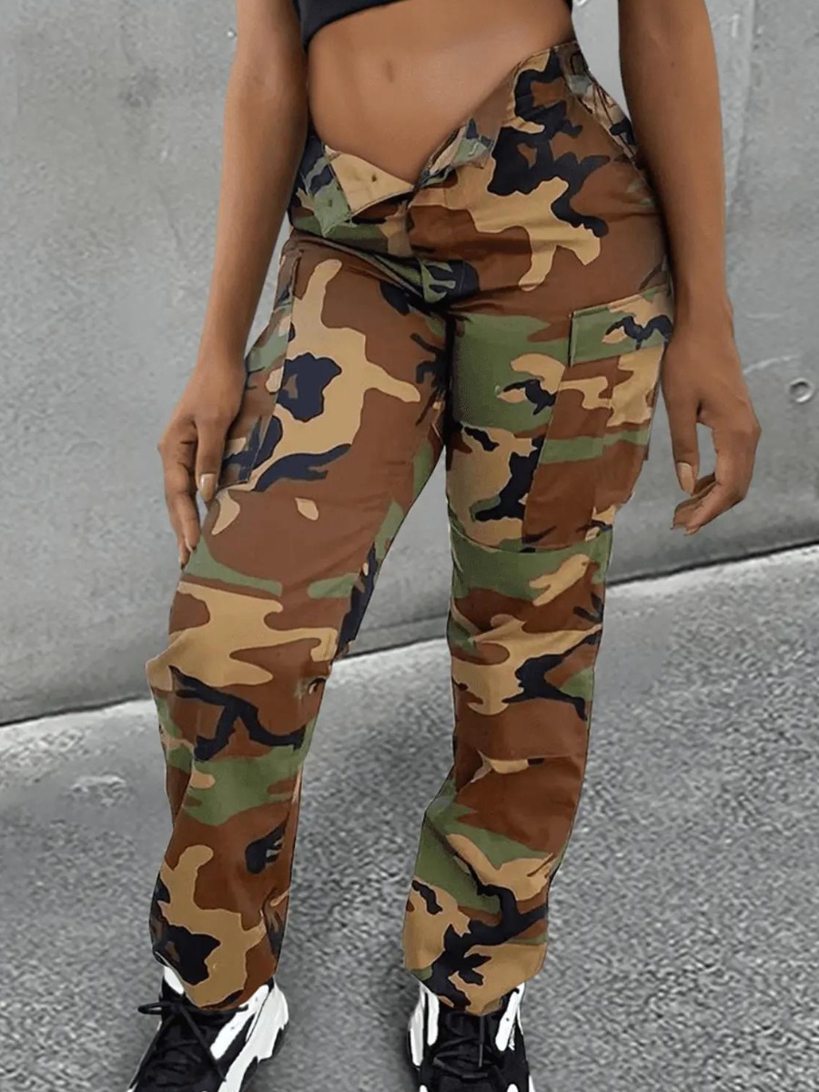 LW Plus Size Mid Waist Camo Print Side Pocket Carg