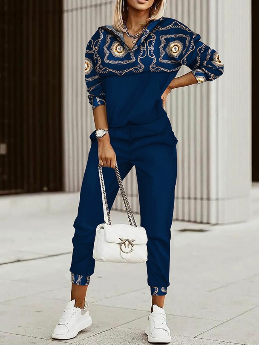 LW Plus Size Chain Print Zipper Design Pants Set