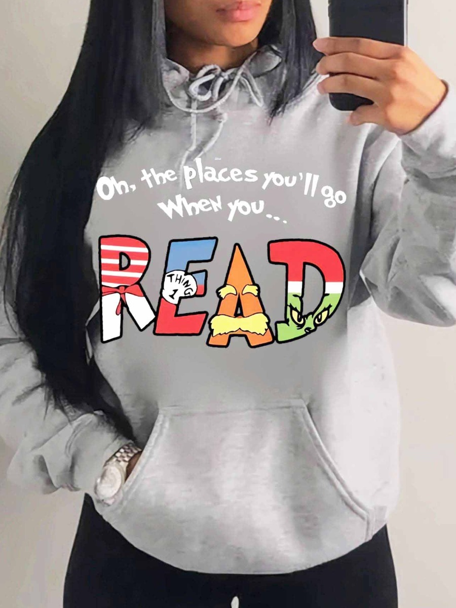 LW Plus Size Cartoon Letter Print Kangaroo Pocket Hoodie