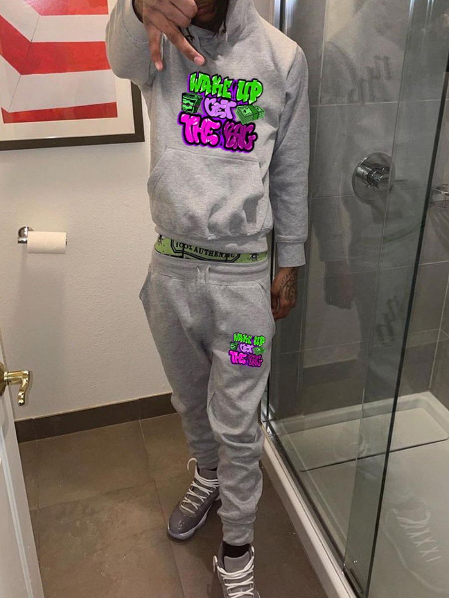 LW Men Letter Print Kangaroo Pocket Tracksuit Set