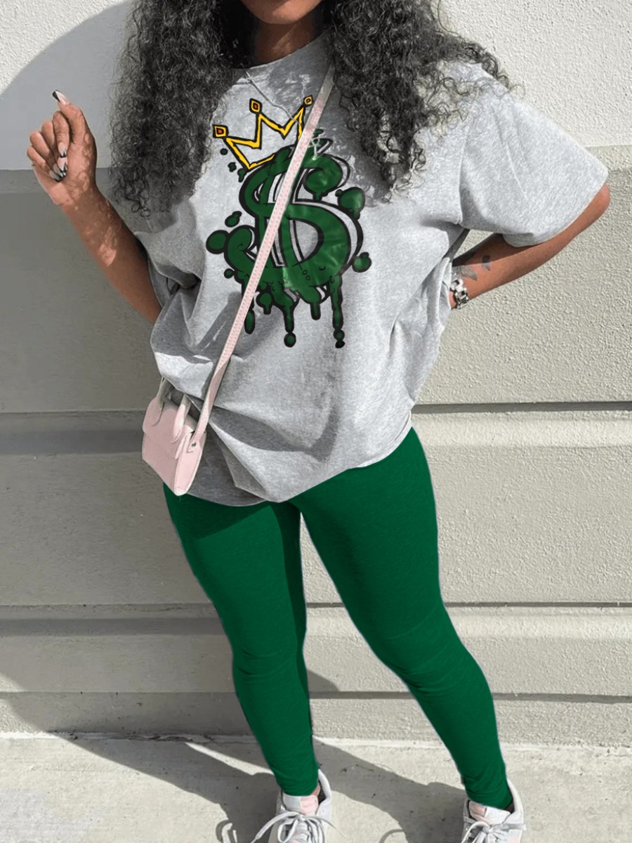 LovelyWholesale Crown Letter Print Loose Pants Set Spring Short Sleeve Casual Pattern Round Neck Spring Summer 2024