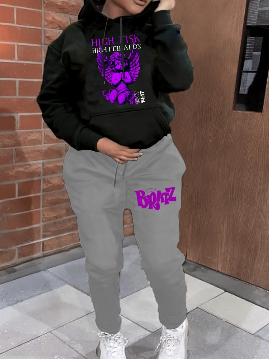 LW Figure Letter Print Kangaroo Pocket Tracksuit Set