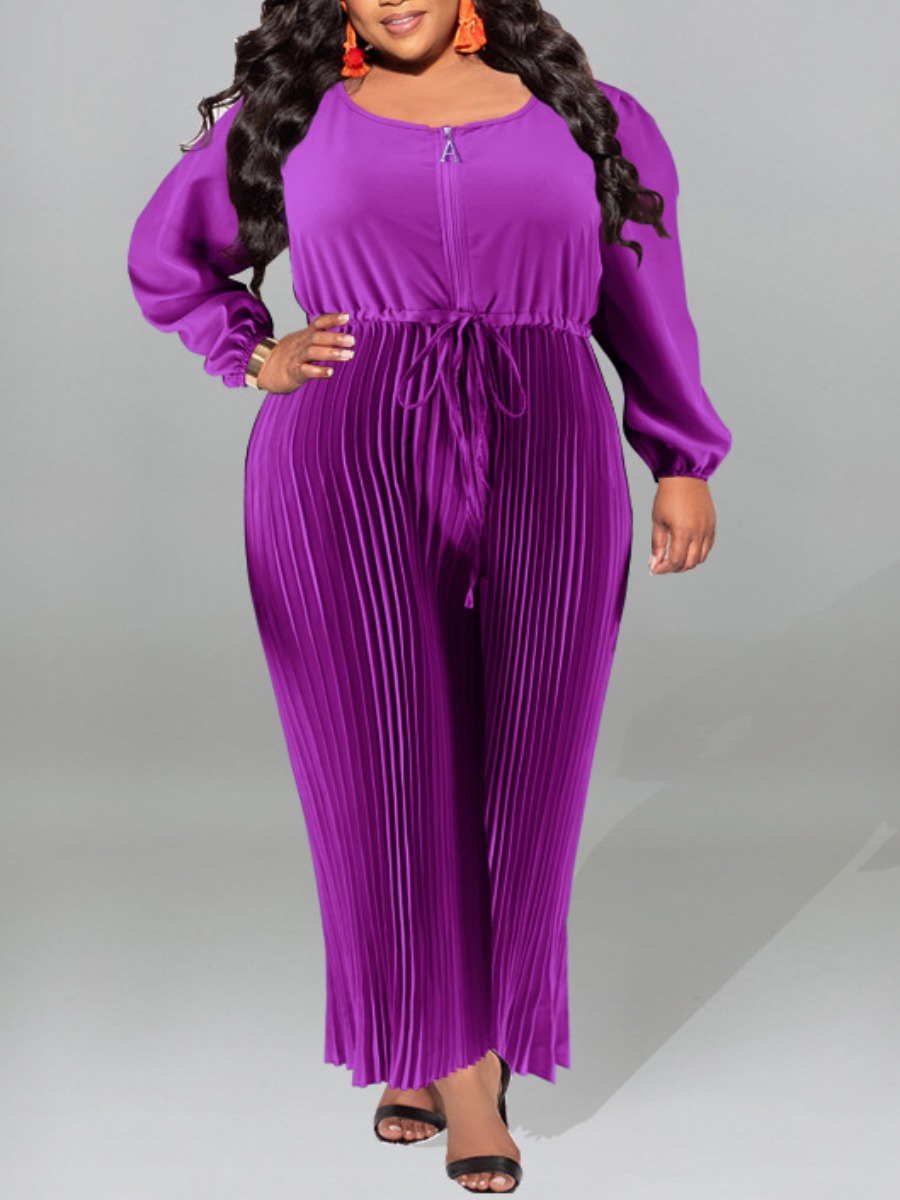 LW Plus Size Drawstring Zipper Design Pleated Jump