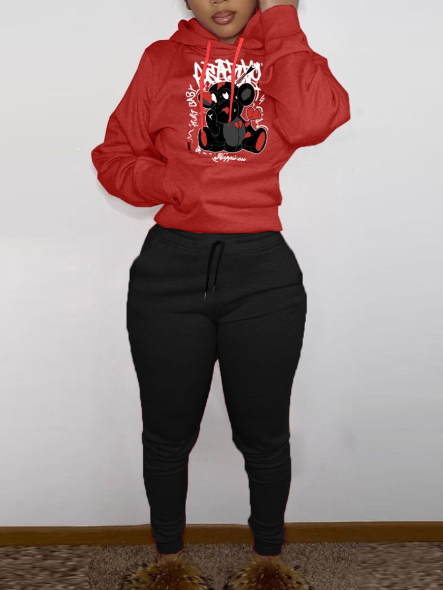 LW Cartoon Letter Print Kangaroo Pocket Tracksuit Set