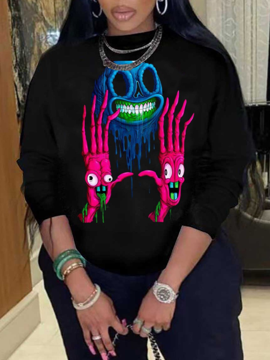 LW Plus Size Cartoon Skull Head Palm Print Sweatsh