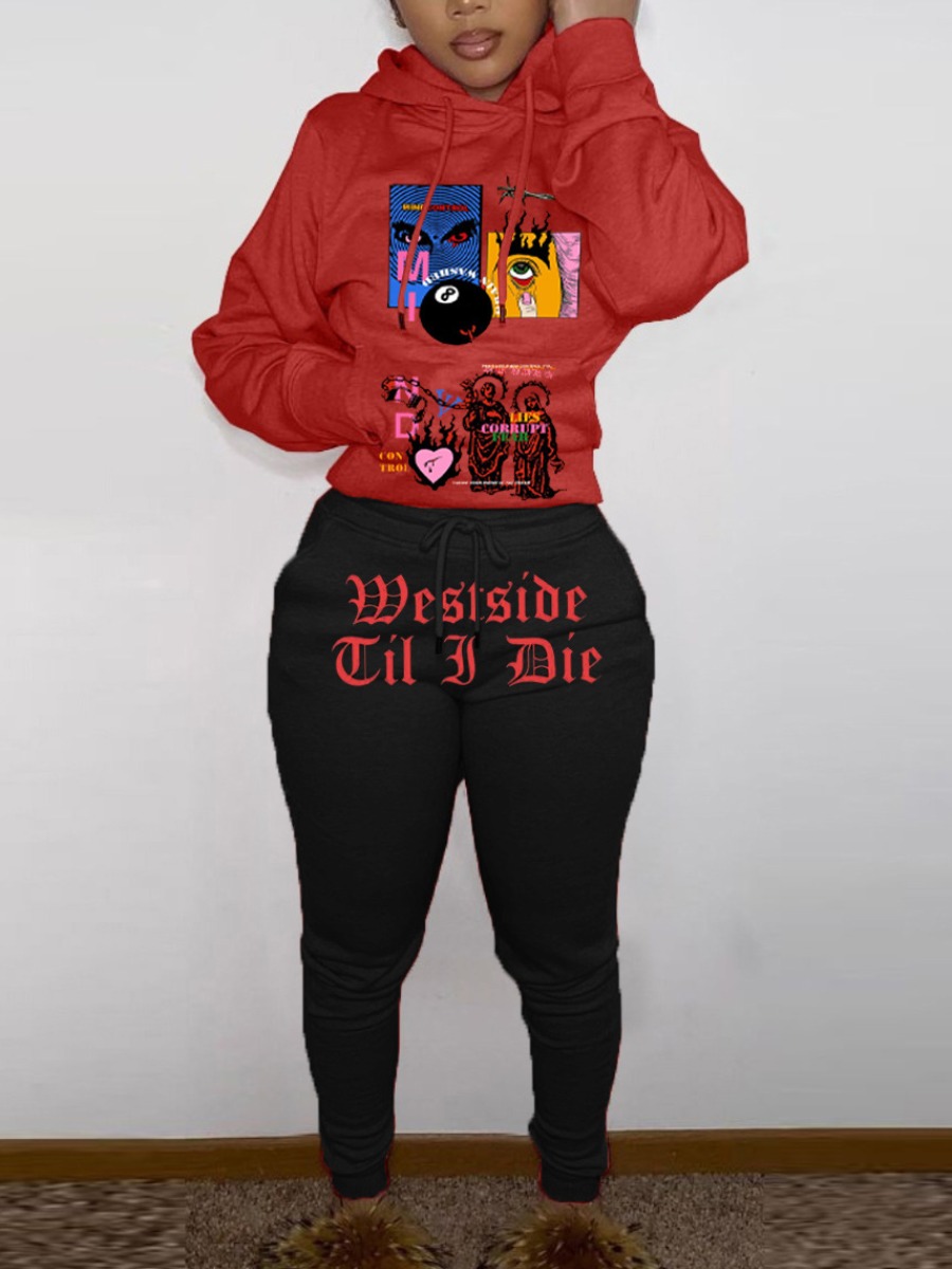 LW Cartoon Letter Print Kangaroo Pocket Tracksuit 