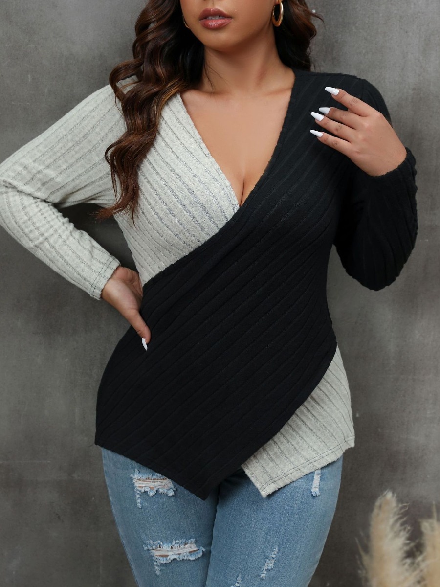 LW Plus Size V Neck Patchwork Sweater