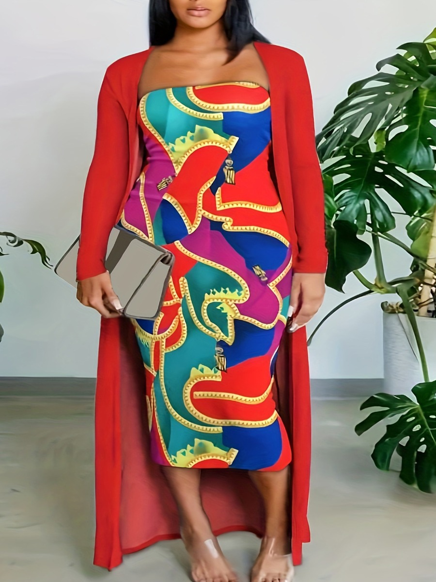LW Plus Size Off The Shoulder Mixed Print Bodycon Dress Set