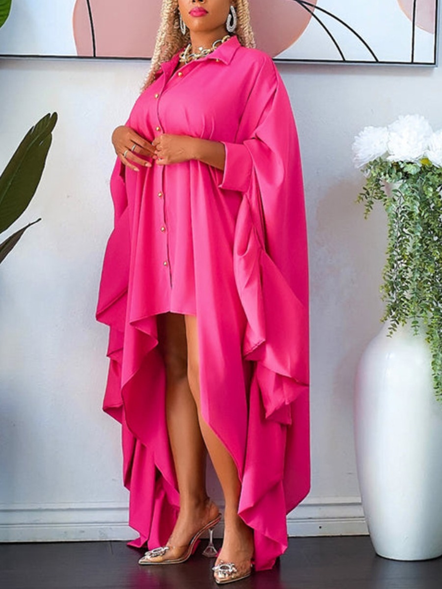 LovelyWholesale Plus Size Fold Button Design Shirt Loose Dress Fall Long Sleeve Casual Breasted Turndown Collar  OneSize Spring Summer 2024