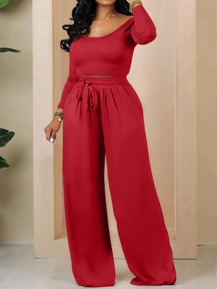 LW Plus Size Boat Neck Bandage Design Wide Leg Pants Set