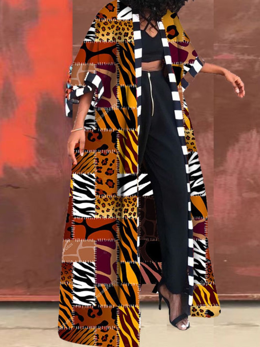 LovelyWholesale Plus Size Pattern Mixed Print Loose Tiger Stripes Trench Coat Fall Nine Points Sleeve Vacation Pattern Collarless Spring Summer 2024