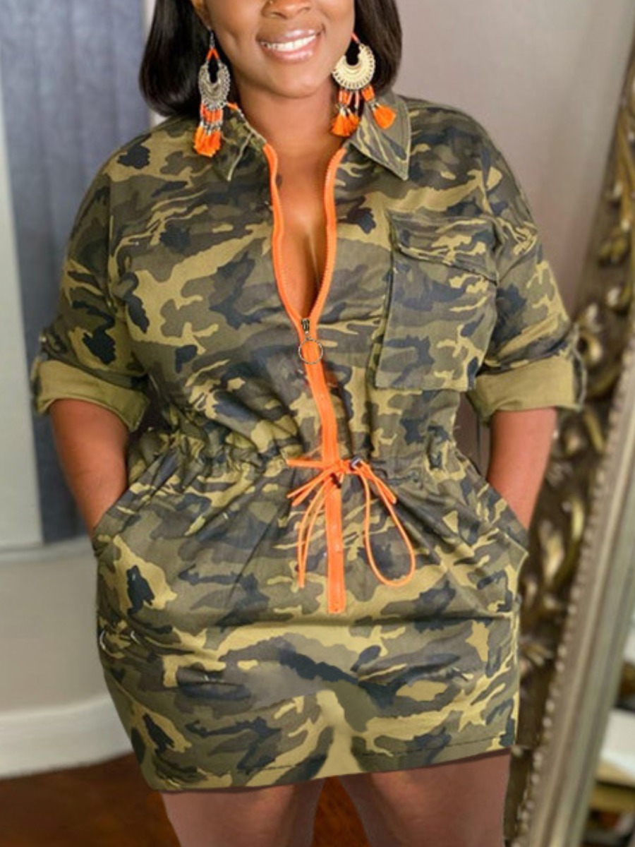 LovelyWholesale Plus Size Camo Print Drawstring Pocket Design Dress Summer Three Quarter Casual Drawstring Turndown Collar  5X Spring Summer 2024