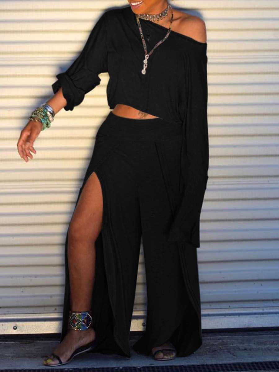 LovelyWholesale BASICS Inclined Neck Thigh Split Pants Set Spring Long Sleeve Casual Split Round Neck Spring Summer 2024