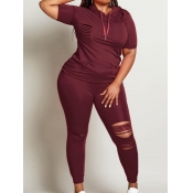 LW Plus Size Hooded Collar Ripped Pants Set