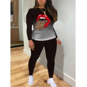 LW Casual Gradient Lip Print Black Two Piece Pants