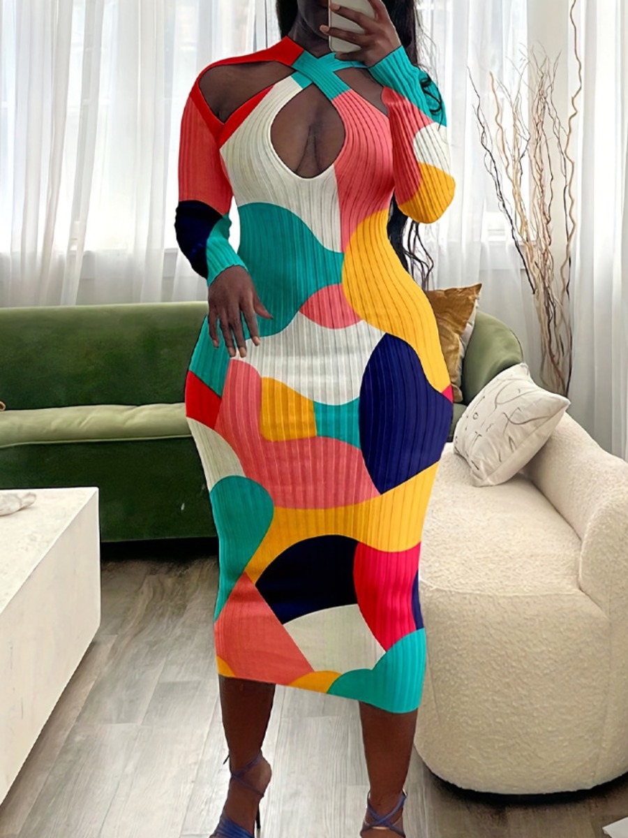 LW Plus Size Color Lump Patchwork Bodycon Dress