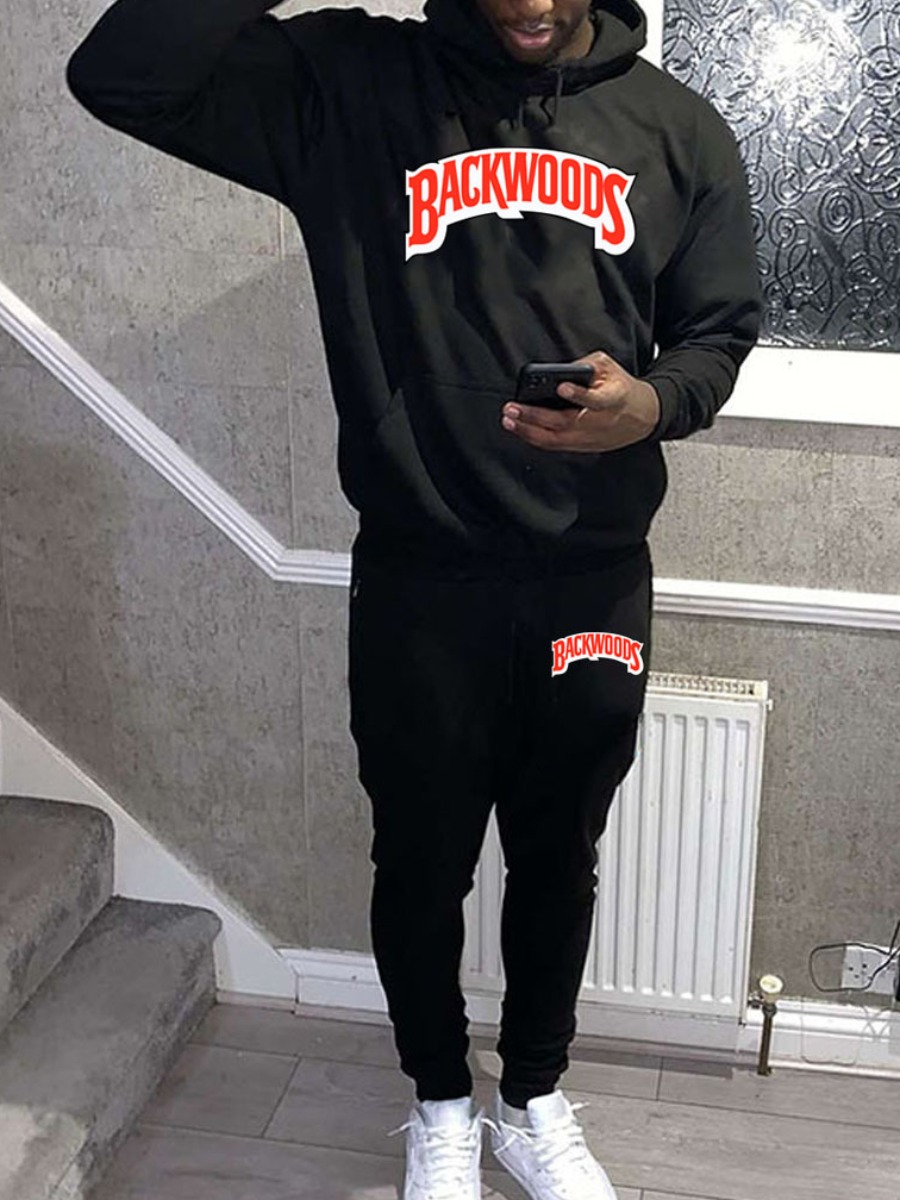 LW Men Letter Print Kangaroo Pocket Tracksuit Set