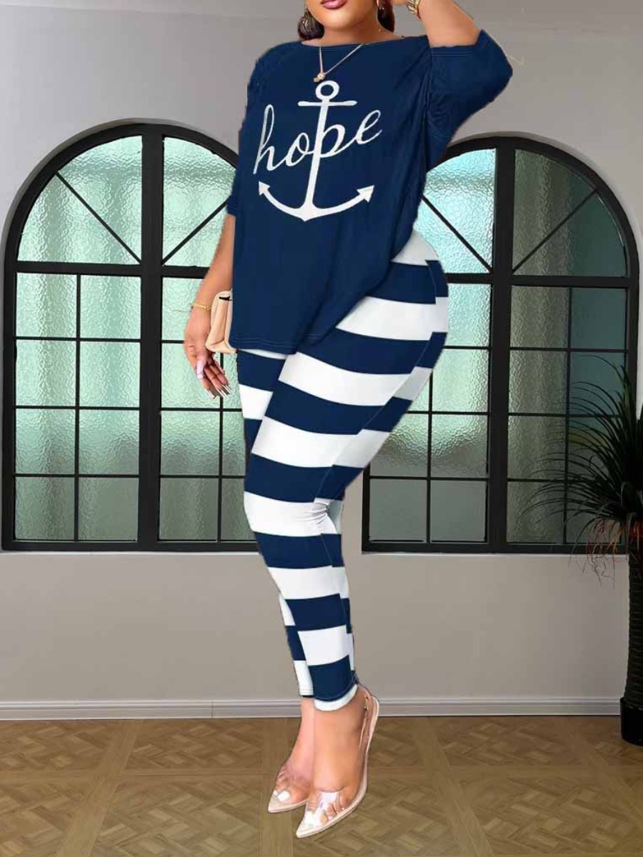 LW Plus Size Backless Pattern Striped Print Letter Skinny Pants Set