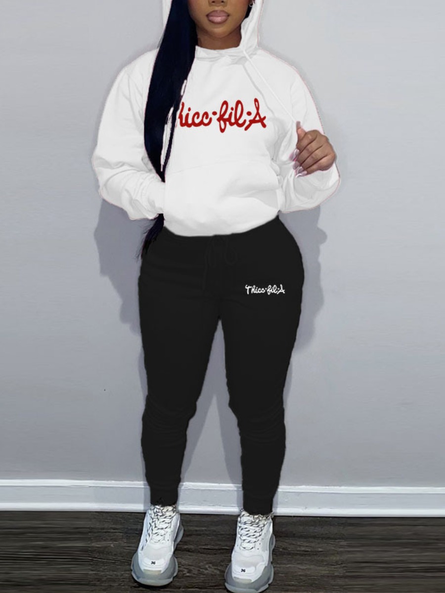 LW Plus Size Letter Print Kangaroo Pocket Tracksuit Set