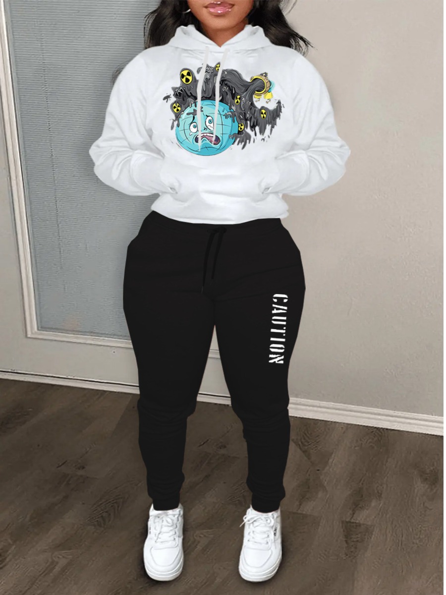 LW Cartoon Letter Print Drawstring Tracksuit Set
