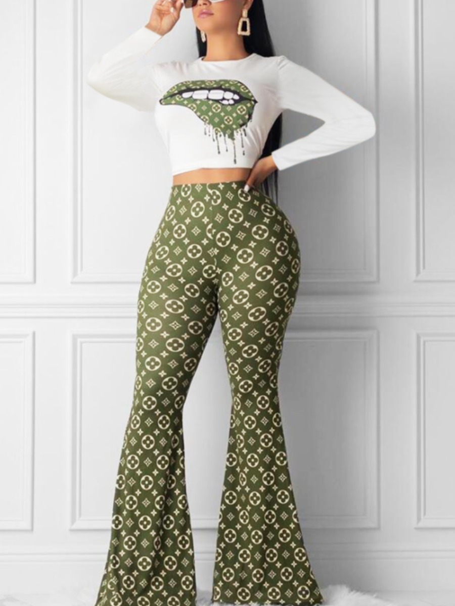 LovelyWholesale Crop Top Geometric Lip Print Flared Pants Set Fall Long Sleeve Casual Crop Top Round Neck Spring Summer 2024