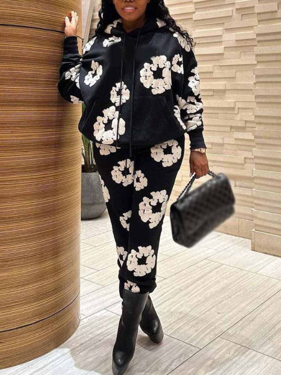 LovelyWholesale Plus Size Hooded Collar Floral Print Loose Pants Set Fall Long Sleeve Casual Pattern Hooded Collar  6X Spring Summer 2024