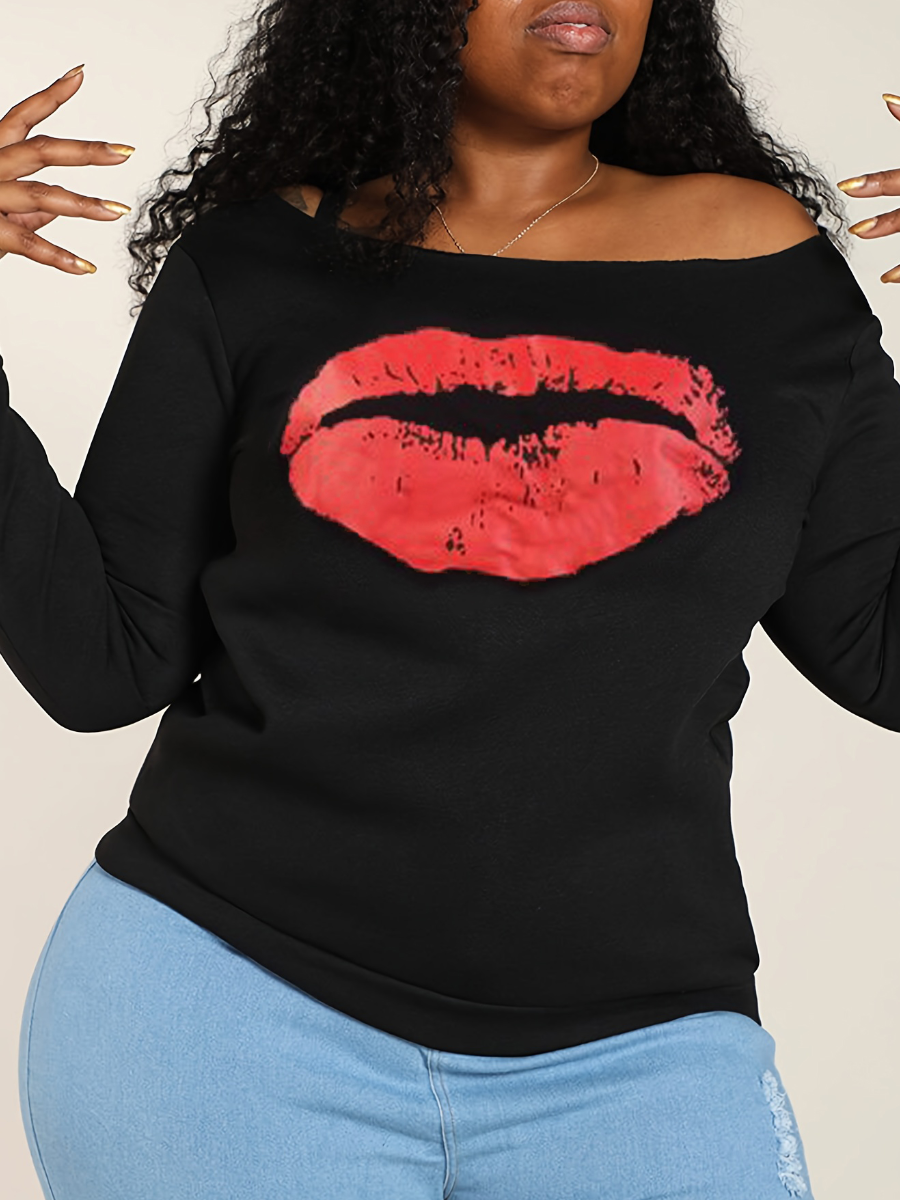 LW Plus Size Casual Lip Print Red Hoodie 4X