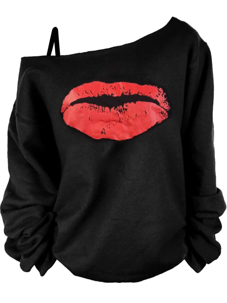 LW Plus Size Casual Lip Print Red Hoodie 4X