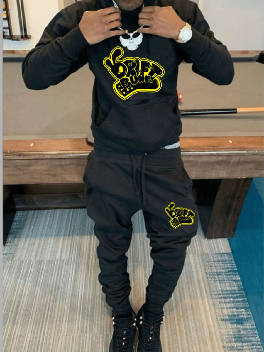 LW Men Cartoon Letter Print Kangaroo Pocket Tracksuit Set