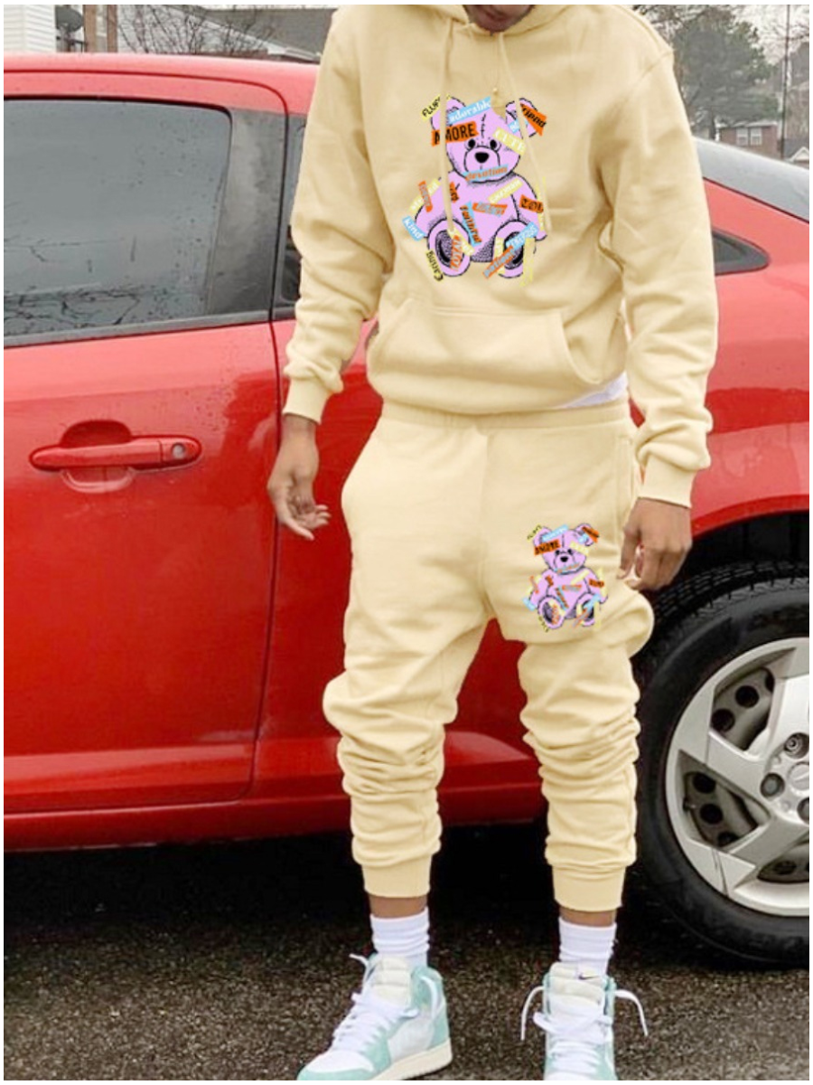 LW Men Teddy Bear Print Kangaroo Pocket Tracksuit Set