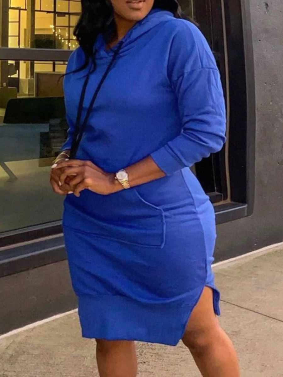 LW BASICS Plus Size Hooded Collar Kangaroo Pocket Slit Sweat Dress