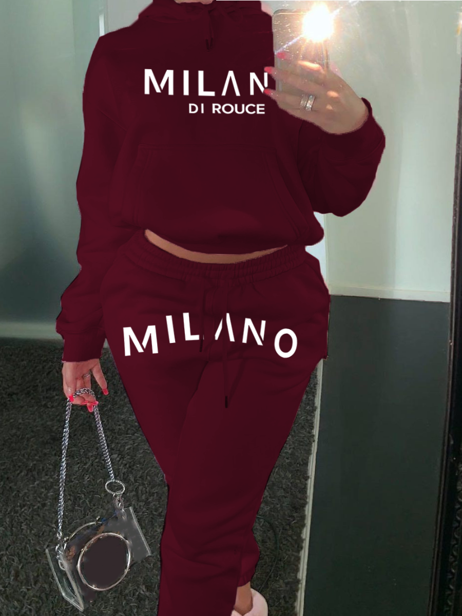 LW Plus Size Letter Print Kangaroo Pocket Tracksuit Set
