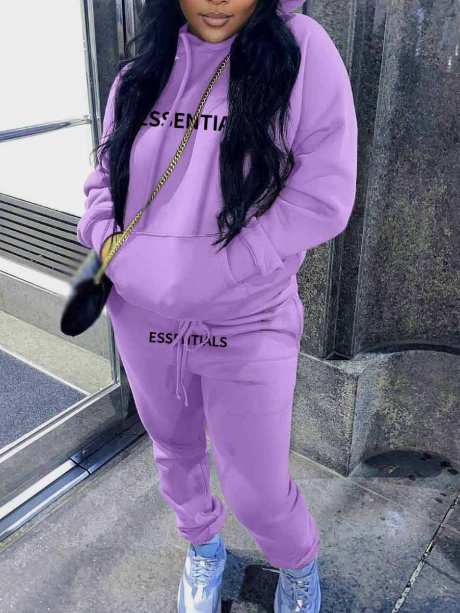 LW Plus Size Essentials Letter Print Kangaroo Pocket Tracksuit Set