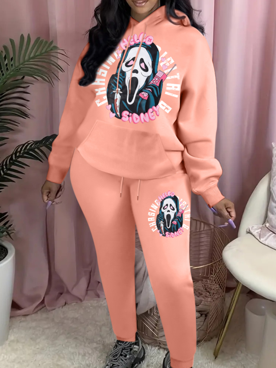 LW Plus Size Cartoon Letter Print Kangaroo Pocket Tracksuit Set