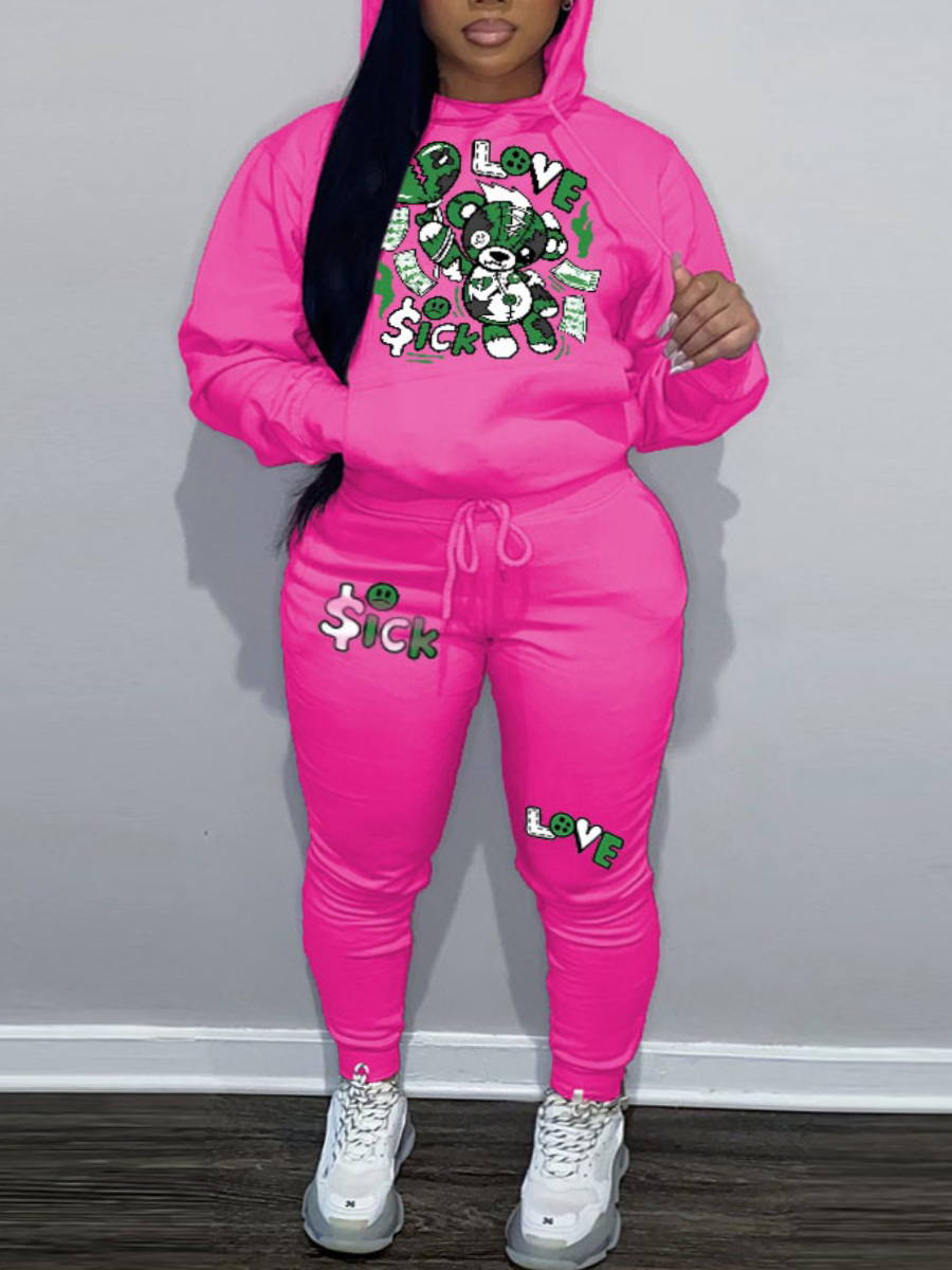 LW Plus Size Cartoon Letter Print Kangaroo Pocket Tracksuit Set
